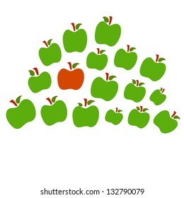 Isolated illustration of one red apples remaining green on a white background