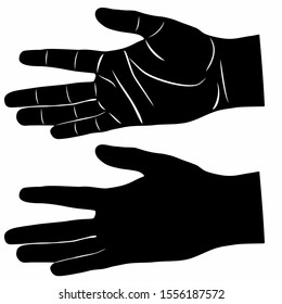 isolated illustration of open human hand, black and white drawing, white background