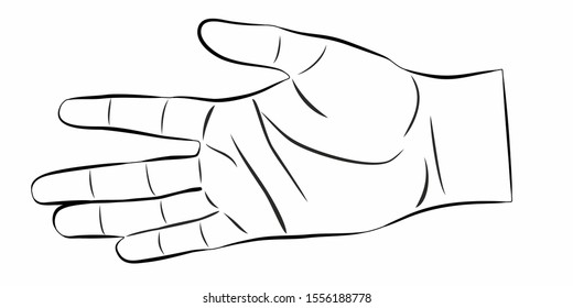isolated illustration of open human hand, black and white drawing, white background