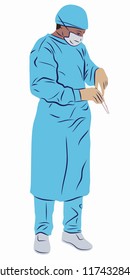 isolated illustration of an operating surgeon, colored drawing, white background