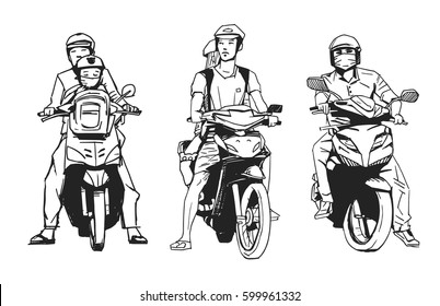 Isolated illustration of people riding mopeds and motorbikes