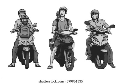 Isolated illustration of people riding mopeds and motorbikes in grey scale