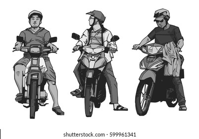 Isolated illustration of people riding mopeds and motorbikes in grey scale