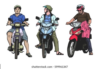 Isolated illustration of people riding mopeds and motorbikes in color