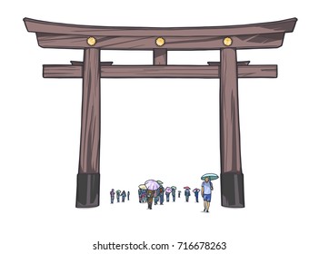 Isolated illustration of people walking through japanese shrine gate in color
