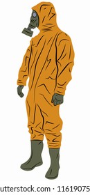 isolated illustration of a person in a chemical suit, colored drawing, white background