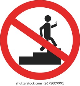 Ilustración aislada de una persona usando un teléfono celular mientras sube escaleras Prohibición de usar un teléfono celular mientras sube escaleras