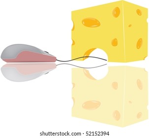 The isolated illustration of a piece of appetizing cheese near to which the computer mouse from which reflexion proceeds sits