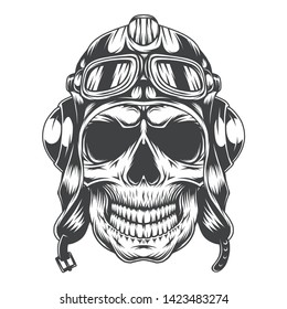 Isolated illustration of pilot skull. Vector black and white illustration.