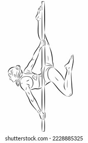 isolated illustration of a pole dancer , black and white vector drawing, white background