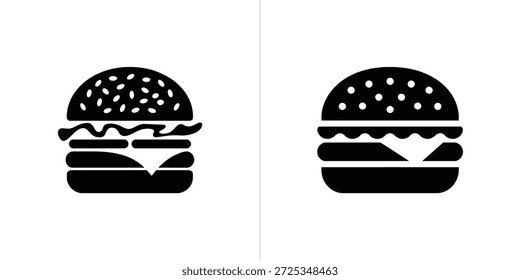 La ilustración aislada presenta un diseño simple y plano de una hamburguesa de queso en rodajas. El icono presenta capas detalladas con queso, carne y bollo sobre fondo transparente.