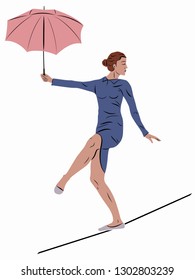 isolated illustration of a  pretty woman rope-walker with a umbrella, colored drawing, white background