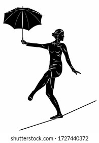 isolated illustration of a  pretty woman rope-walker with a umbrella, black and white drawing, white background