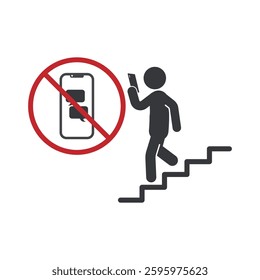 Isolated illustration of a prohibition safety sign warning against texting or chat on phone while on the stairs
