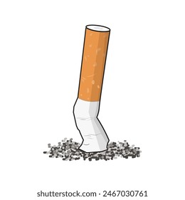 Isolated illustration of putout tobacco cigarette with ashes fo graphic template of no smoking