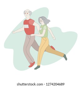 Isolated illustration of retired couple running marathon. Active grandparents in sportwear on abstract background. Old man and happy woman lead dynamic lifestyle after retirement.