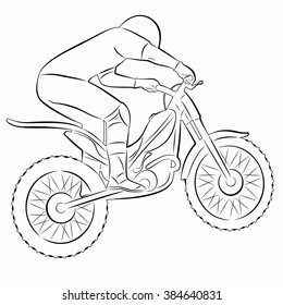 isolated illustration of a rider on a motorcycle , black and white drawing, white background
