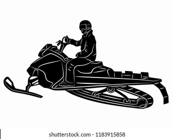 isolated illustration of a rider on a snow scooter , black and white drawing, white background