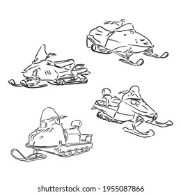 isolated illustration of a rider on a snow scooter , black and white drawing, white background snowmobile vector sketch on white background