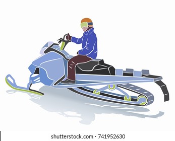 isolated illustration of a rider on a snow scooter ,  colored drawing, white background