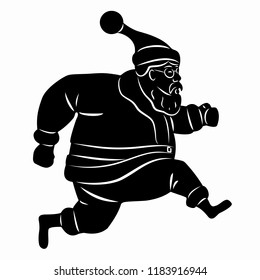 isolated illustration of a running santa claus, black and white drawing, white background