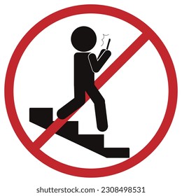 Ilustración aislada advertencia de seguridad cantando la figura de varón hombre caminando por el escalón con la mano o mientras usa el teléfono de la mano, por precaución teléfono celular con círculo redondo rojo cruzado