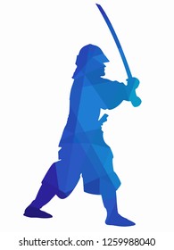 isolated illustration of samurai, blue triangles drawing, white background