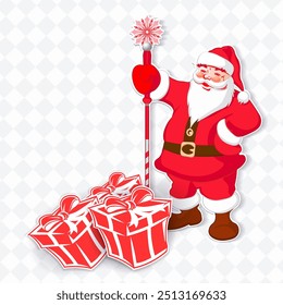 Isolated illustration with Santa Claus and boxes, design element.