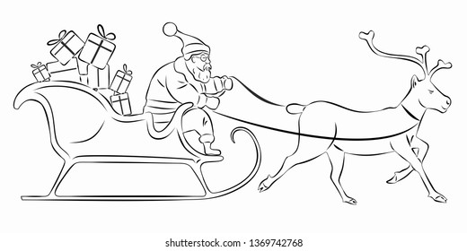isolated illustration of Santa sleigh and reindeer , black and white drawing , white background 