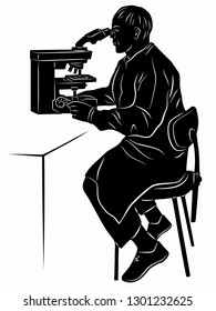 isolated illustration of scientist with microscope , black and white drawing, white background