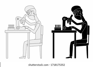 ilustración aislada de científico con microscopio , dibujo en blanco y negro, fondo blanco