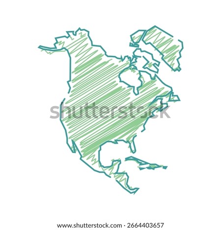 Isolated illustration scribble of North America continent map, representing geographic location, earth globe symbol for education, infographics, travel, and location-based design projects.