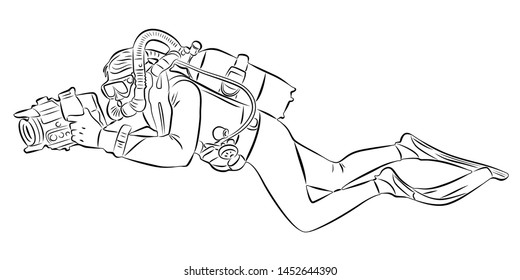 isolated illustration of a scuba diver with camera, black and white vector drawing, white background