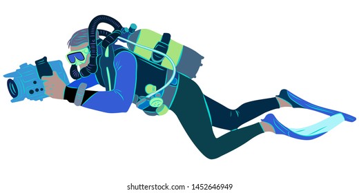 isolated illustration of a scuba diver with camera, colored vector drawing, white background