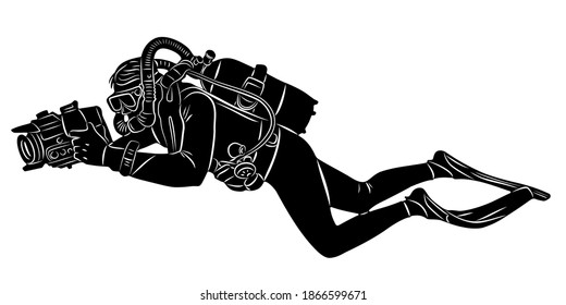 Isolated Illustration Of A Scuba Diver With Camera, Black And White Vector Drawing, White Background