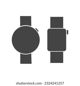 Isolated illustration of set two black round and square smart watch with side button or crown on top right area
