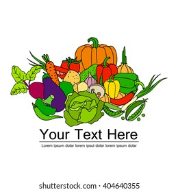 Isolated illustration set of vegetables icons. Healthy food set in collection for recipe book, logo, banner, menu. Carrot, tomato, onion, cucumber and potato, garlic and eggplant. With place for text.