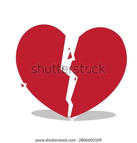 Isolated illustration of shattered red heart with broken fragments symbolizing heartbreak emotional loss separation and romantic grief feelings