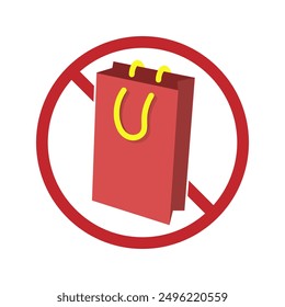 Isolated illustration of shopping paperbag with red circle prohitited, do not , no allowed buy symbol ecology waste, plastic reduce, consumerism