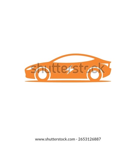 Isolated illustration showcasing an orange electric car icon featuring a lightning bolt symbol, set against a white background. Side view design emphasizing sustainability.