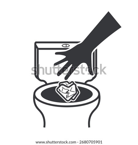 Isolated illustration showing hand throwing trash or tissue into toilet bowl, used as instruction signage for public restroom hygiene.