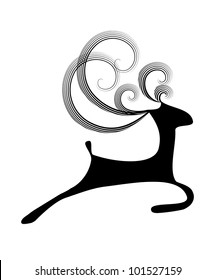 Isolated illustration of simple jumping black deer with curly horns on the white background