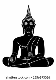 isolated illustration of sitting buddha, black and white drawing, white background