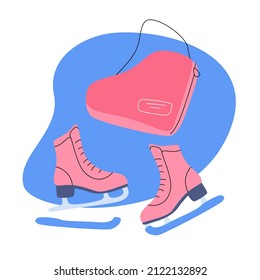 Isolated illustration of a skate bag and skates with covers. Everything for the girl's training at the rink. Or for sports competitions. A simple minimalistic illustration in a flat style.