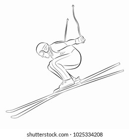 isolated illustration of a skier, black and white drawing, white background