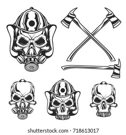 Isolated illustration of skulls with firefighter's helmet, gas mask and axes.