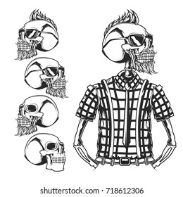 Isolated illustration of skulls and skeleton of hipster.