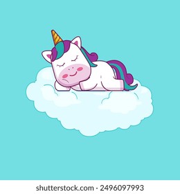 Ilustración aislada del unicornio durmiente en una nube. Carácter lindo del Vector en estilo plano.