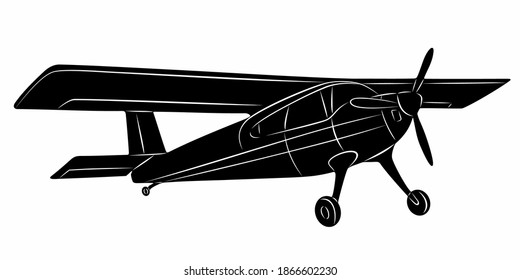 isolated illustration of a small airplane, black and white vector drawing, white background