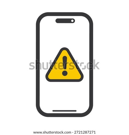 Isolated illustration of smartphone with yellow warning triangle and exclamation mark, symbol for alert, error, or mobile security issue.